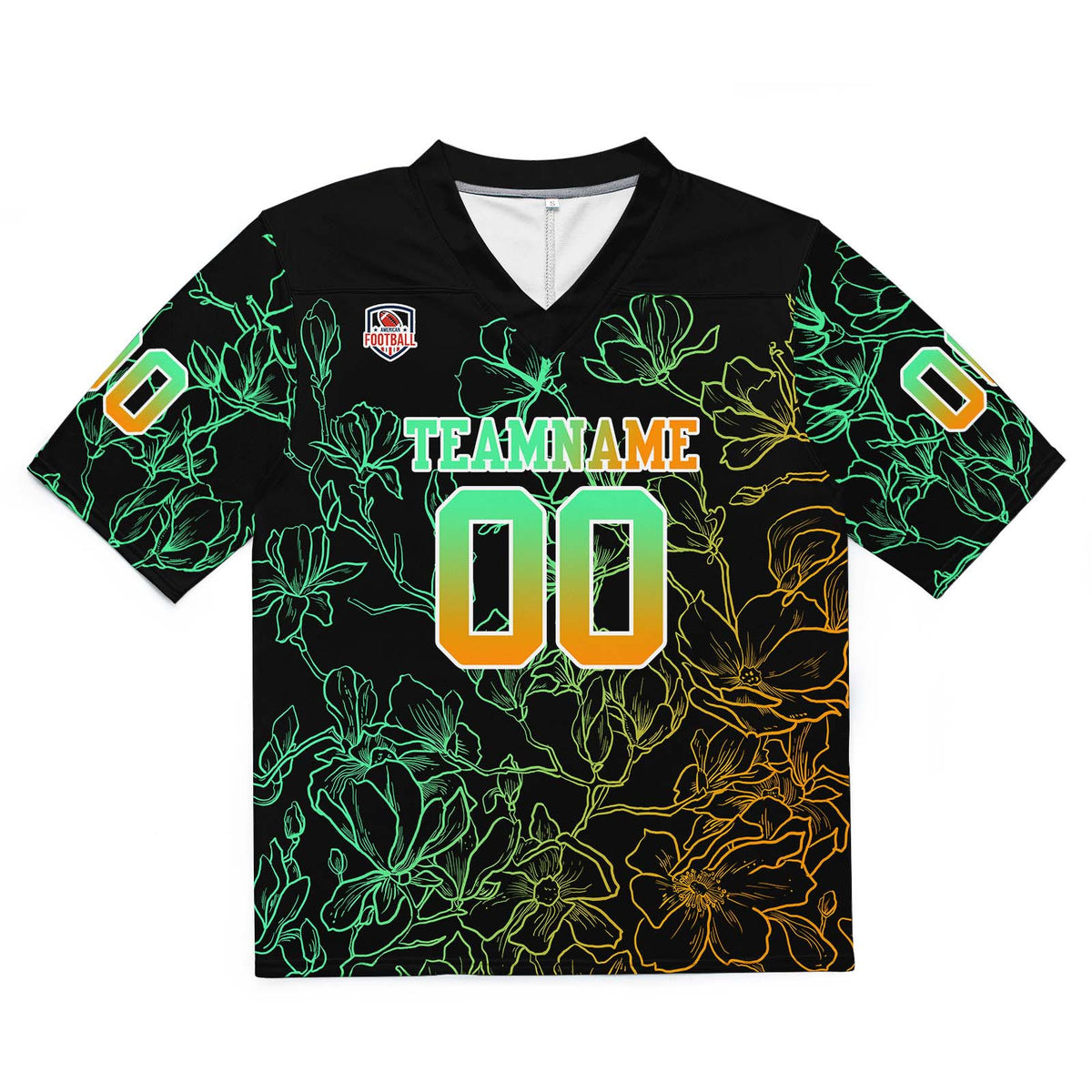 Camiseta de fútbol personalizada con nombre y número del equipo bordados y estampados en degradado verde y naranja