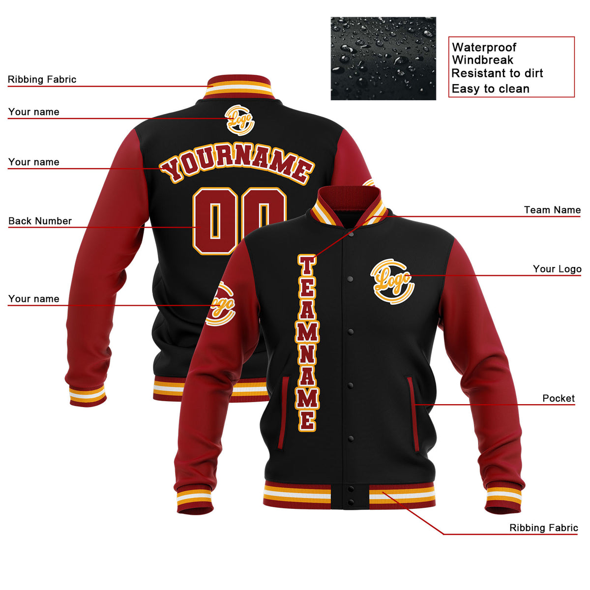 Chaquetas universitarias impermeables personalizadas en negro-rojo y amarillo con nombre-número y logotipo bordados