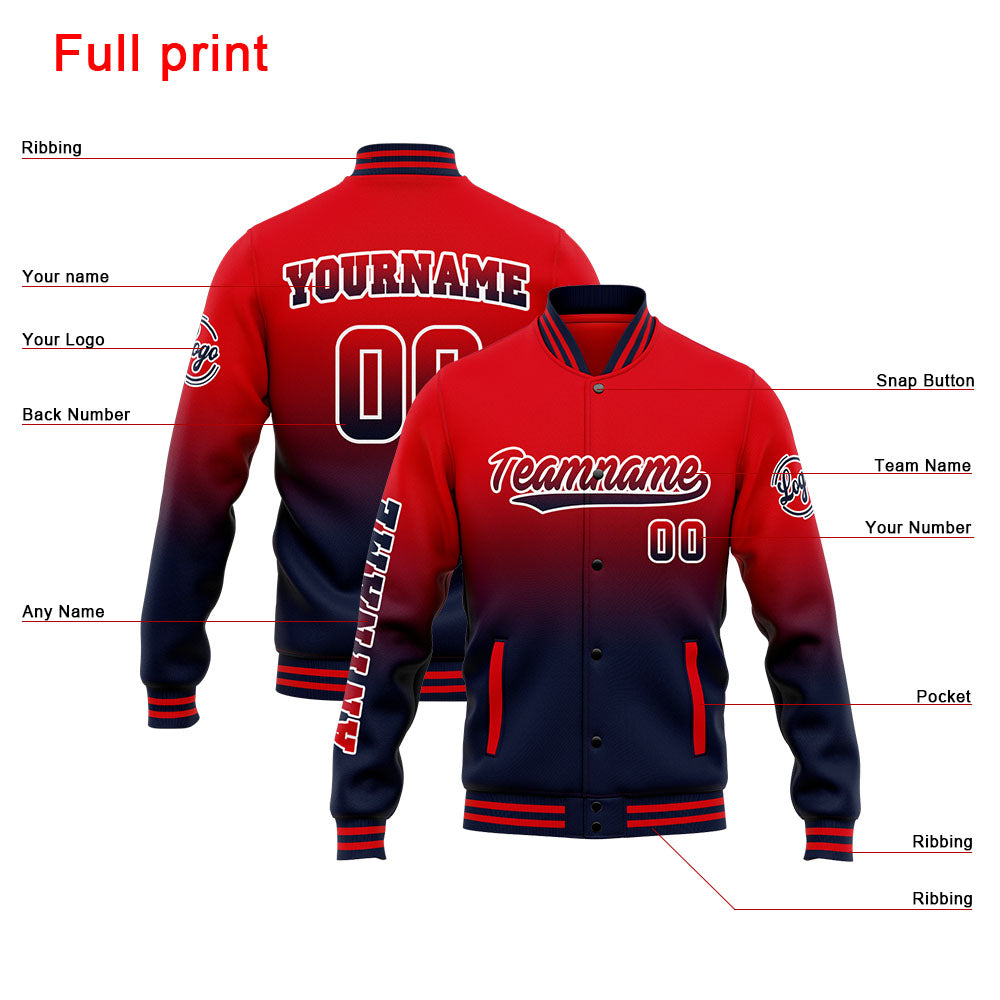 Chaqueta universitaria personalizada estilo Letterman para hombres-mujeres y jóvenes-color azul marino y rojo