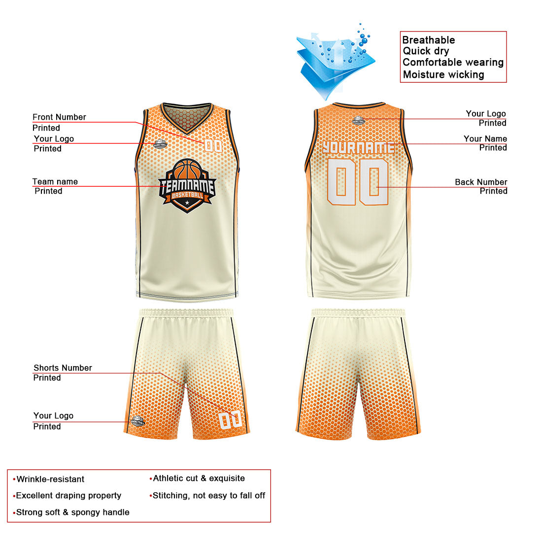 Traje de baloncesto reversible personalizado en crema-naranja y negro para adultos y niños