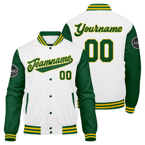 Chaqueta universitaria personalizada estilo Letterman para hombres-mujeres y jóvenes en colores verde-amarillo y blanco