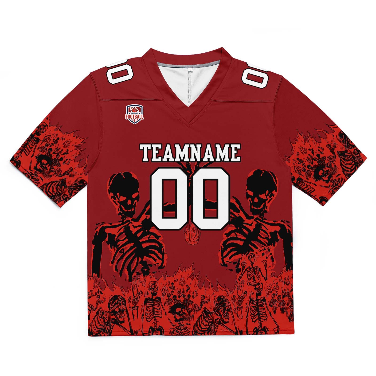 Camiseta de fútbol personalizada con nombre y número del equipo impresos y bordados en color rojo