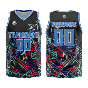 Uniforme de baloncesto azul con diseño geométrico personalizado y dañado-impreso con tu logotipo-nombre y número