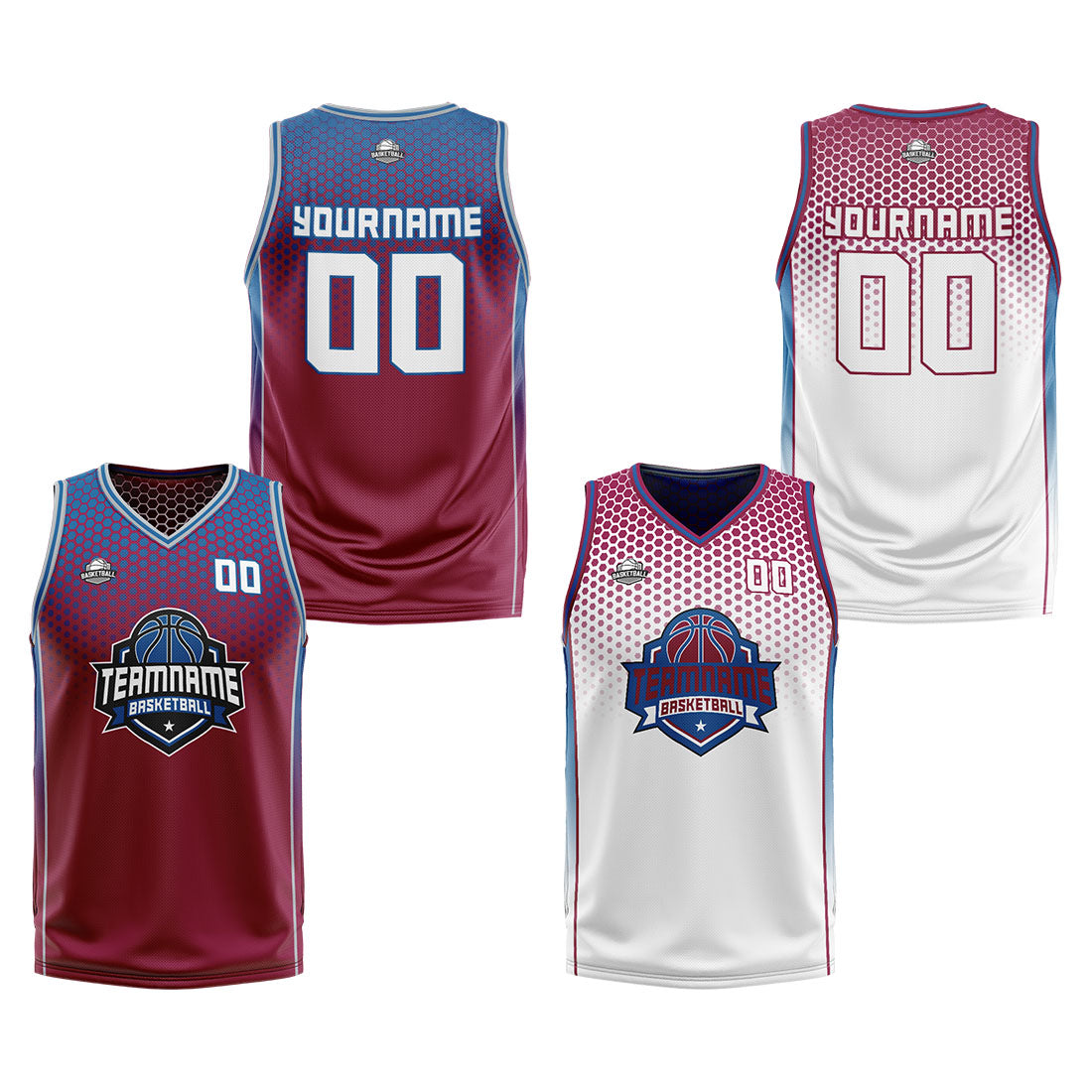 Traje de baloncesto reversible personalizado rojo-blanco y azul para adultos y niños