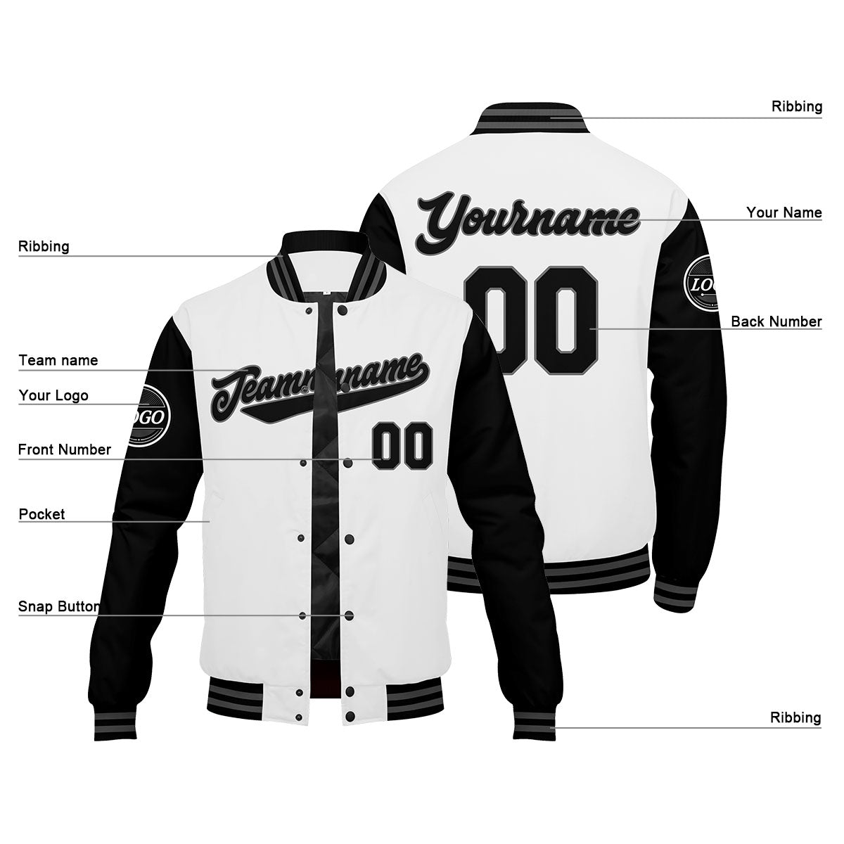 Chaqueta universitaria personalizada estilo Letterman para hombres-mujeres y jóvenes-color negro y blanco