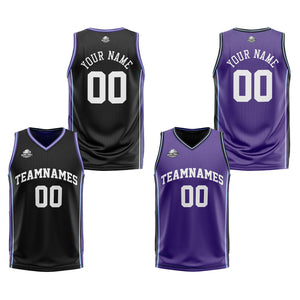 Traje de baloncesto reversible personalizado en negro-morado y blanco para adultos y niños