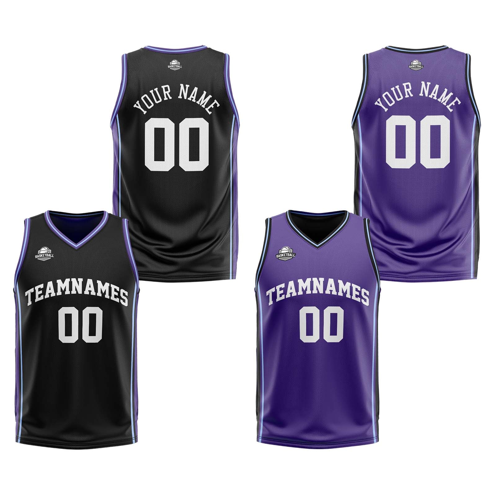 Traje de baloncesto reversible personalizado en negro-morado y blanco para adultos y niños