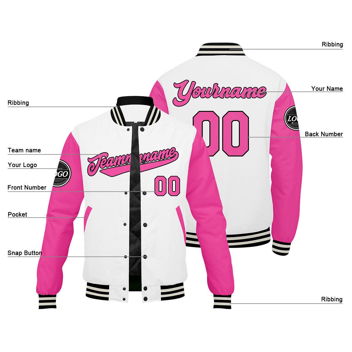 Chaqueta universitaria personalizada estilo Letterman para hombres-mujeres y jóvenes-color rosa
