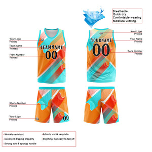 Uniforme de baloncesto personalizado color aguamarina y naranja con tu logotipo-nombre y número impresos