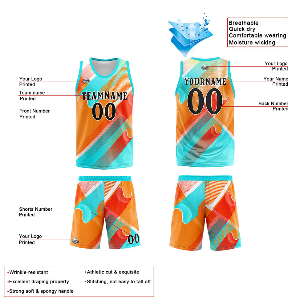 Uniforme de baloncesto personalizado color aguamarina y naranja con tu logotipo-nombre y número impresos