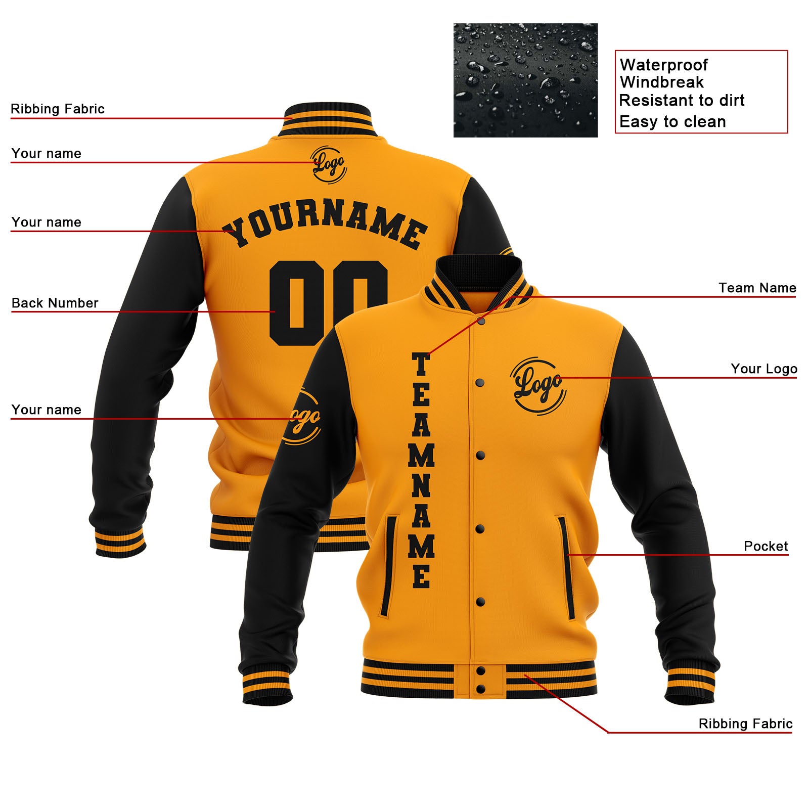 Chaquetas universitarias impermeables negras y amarillas personalizadas con nombre-número y logotipo bordados a medida