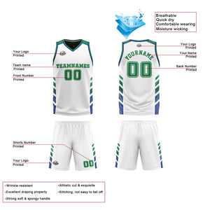 Traje de baloncesto reversible blanco y verde personalizado para adultos y niños