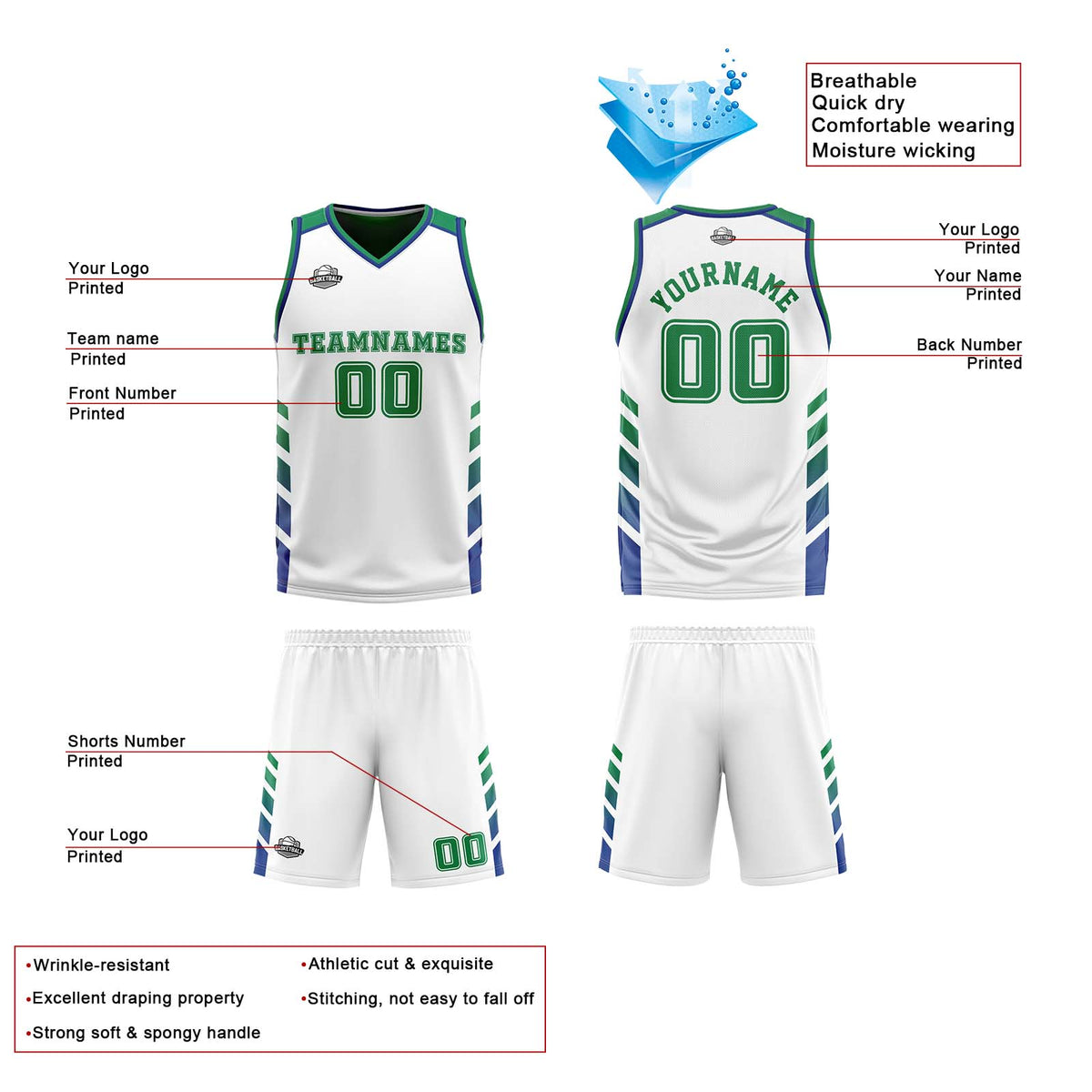 Traje de baloncesto reversible blanco y verde personalizado para adultos y niños