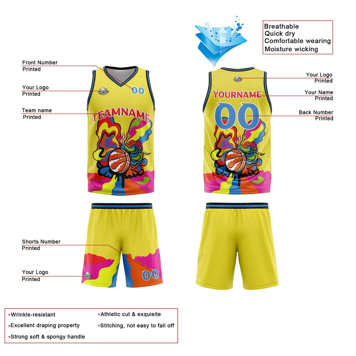 Uniforme de baloncesto amarillo personalizado con tu logotipo-nombre y número impresos
