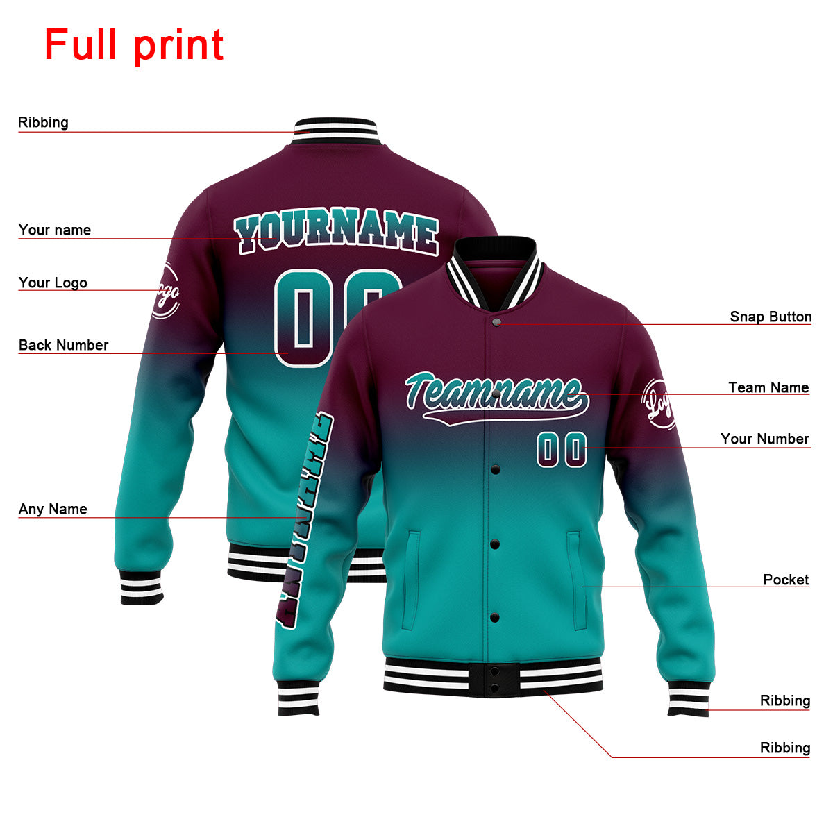 Chaqueta universitaria personalizada estilo Letterman para hombres-mujeres y jóvenes-color burdeos y verde azulado