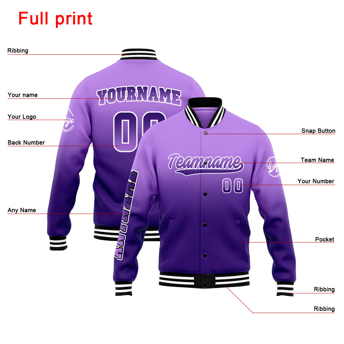 Chaqueta universitaria personalizada estilo Letterman para hombres-mujeres y jóvenes-color morado