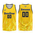 Uniforme de baloncesto personalizado con diseño de llama amarilla-impreso con tu logotipo-nombre y número