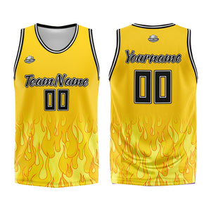 Uniforme de baloncesto personalizado con diseño de llama amarilla-impreso con tu logotipo-nombre y número