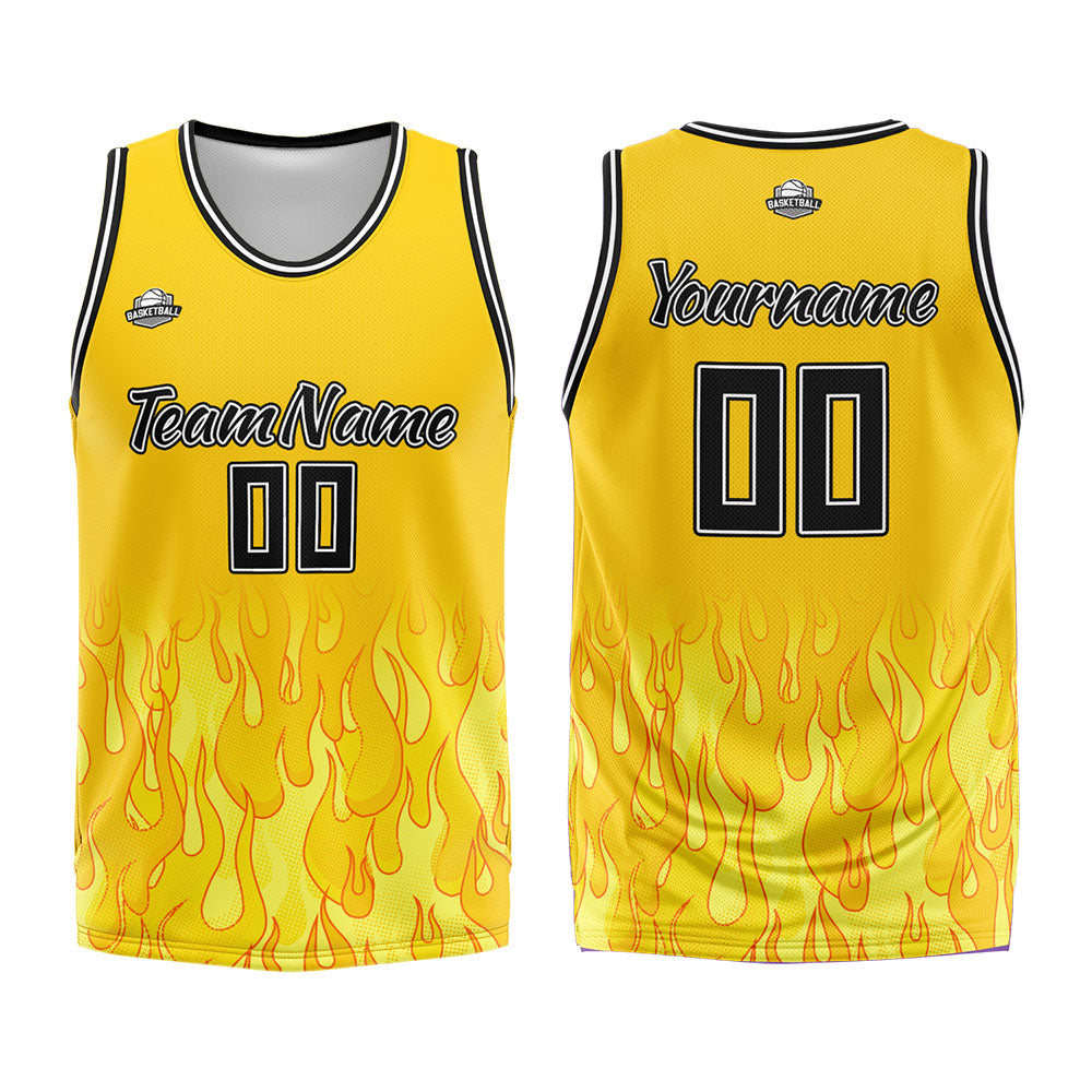 Uniforme de baloncesto personalizado con diseño de llama amarilla-impreso con tu logotipo-nombre y número