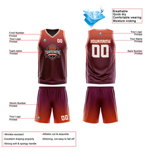 Traje de baloncesto reversible personalizado en color burdeos-naranja y blanco para adultos y niños