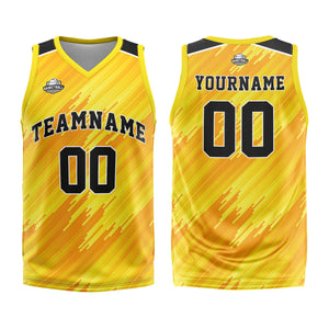 Uniforme de baloncesto amarillo personalizado tipo rayas con su logotipo-nombre y número impresos