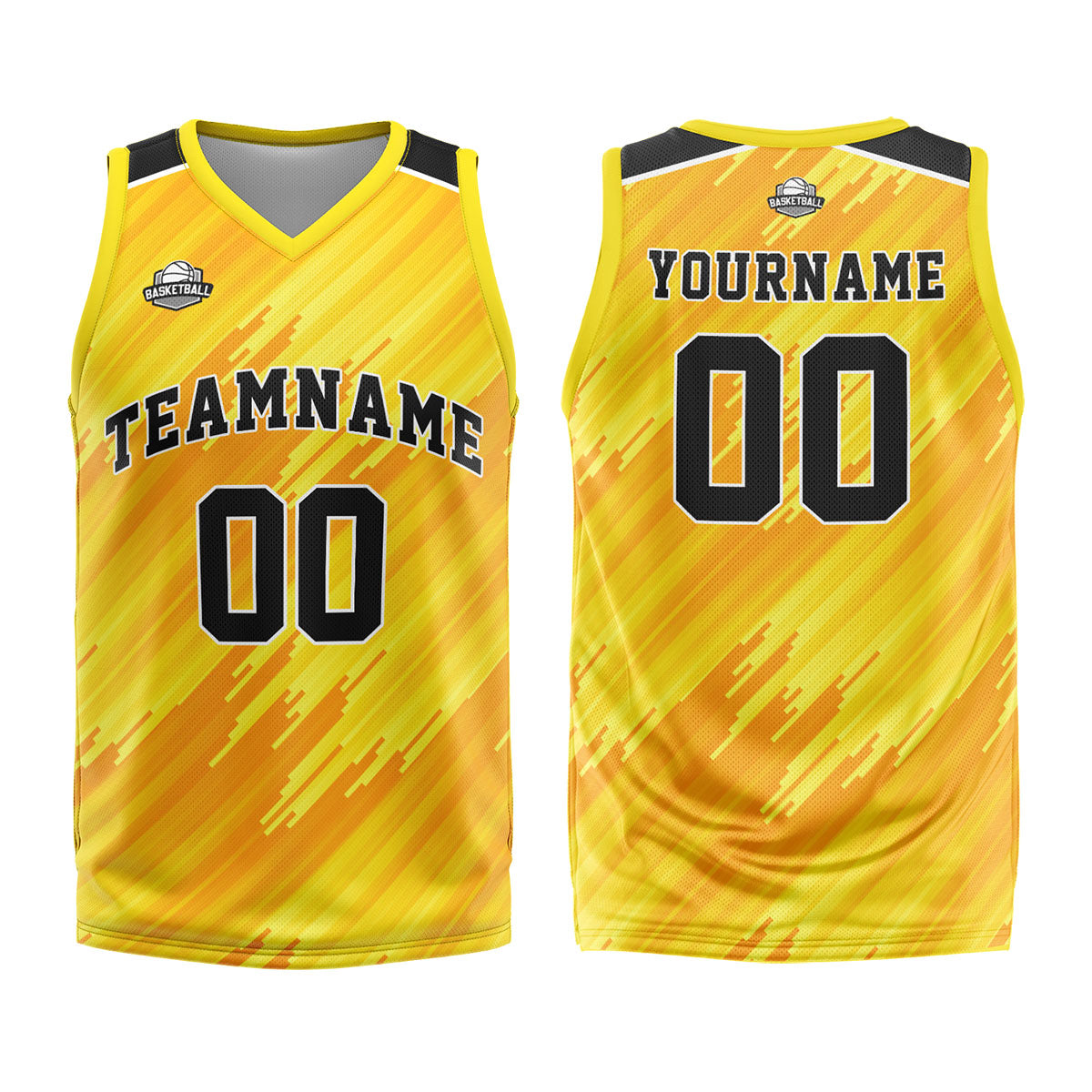 Uniforme de baloncesto amarillo personalizado tipo rayas con su logotipo-nombre y número impresos