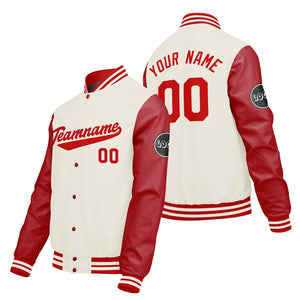 Chaquetas universitarias personalizadas en color crema & blanco y rojo para hombres & mujeres y jóvenes & Chaquetas tipo Letterman personalizadas