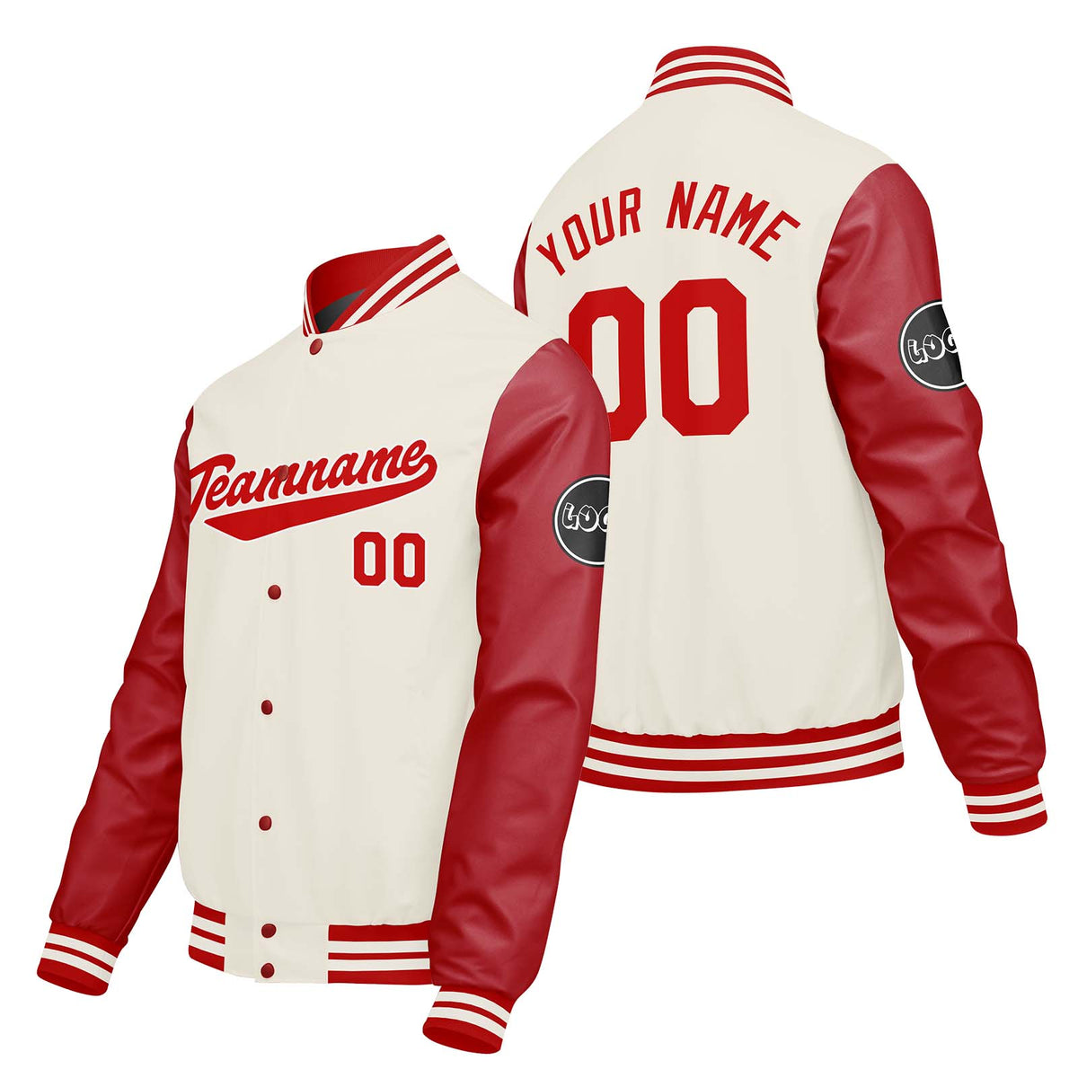 Chaquetas universitarias personalizadas en color crema & blanco y rojo para hombres & mujeres y jóvenes & Chaquetas tipo Letterman personalizadas