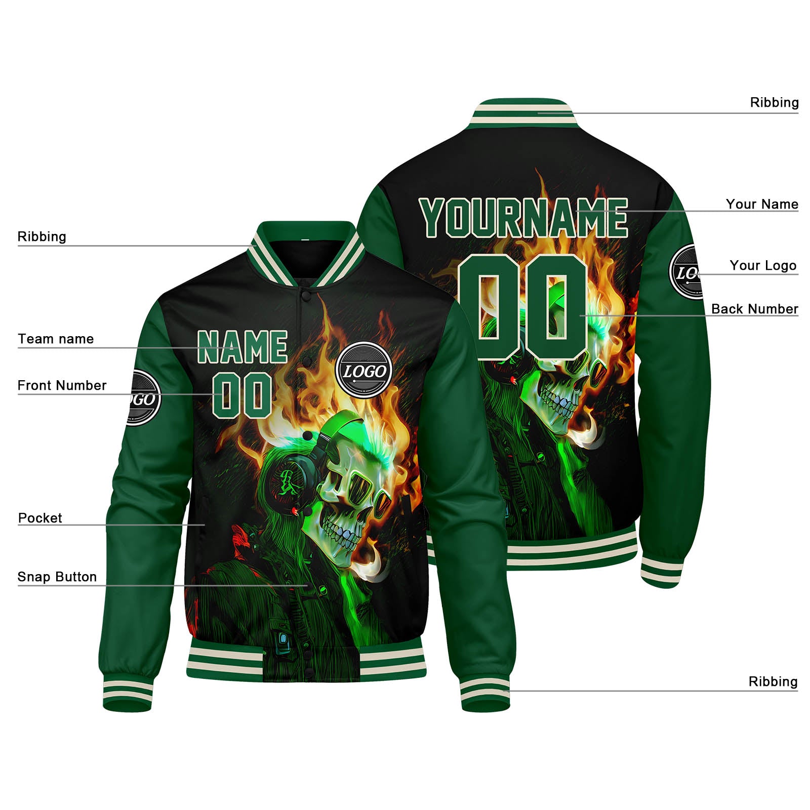 Chaqueta universitaria personalizada estilo Letterman para hombres-mujeres y jóvenes-color verde y negro