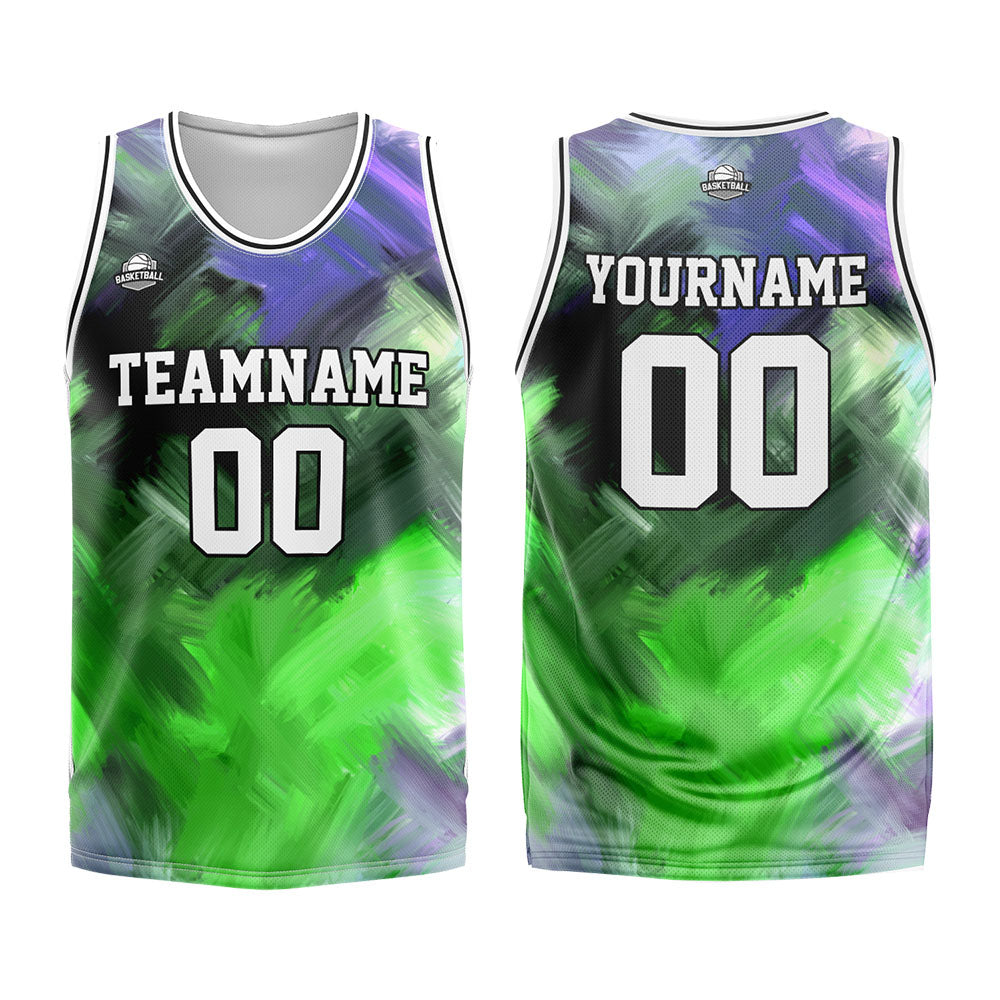 Uniforme de baloncesto personalizado verde y morado con tu logotipo-nombre y número impresos