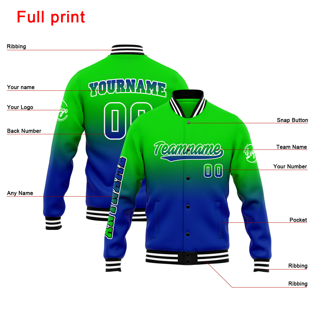 Chaqueta universitaria personalizada estilo Letterman para hombres-mujeres y jóvenes-color verde y azul