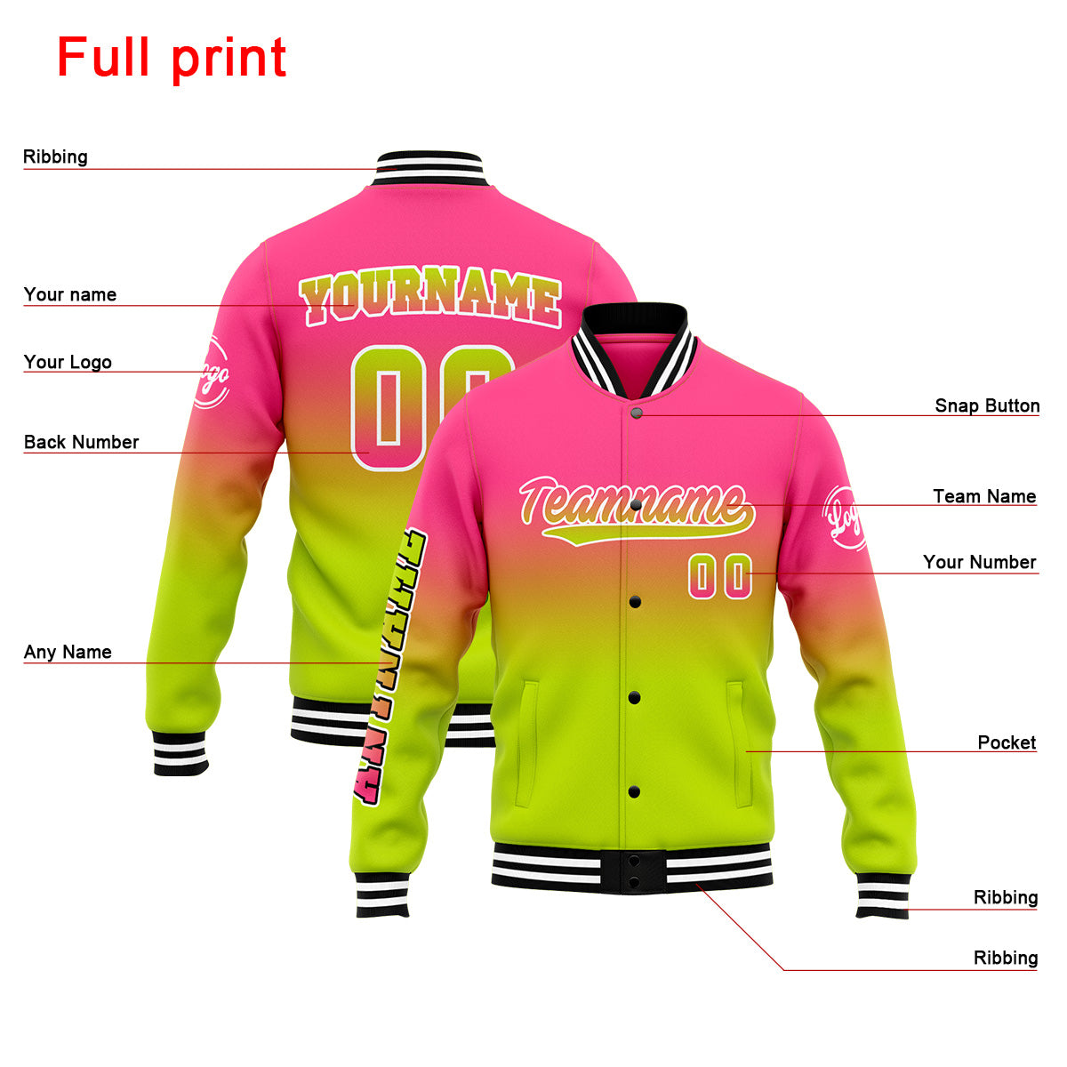 Chaqueta universitaria personalizada estilo Letterman para hombres-mujeres y jóvenes-color rosa y verde chartreuse