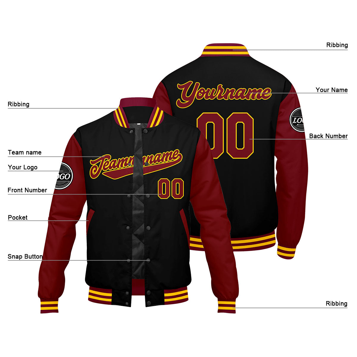 Chaqueta universitaria personalizada estilo Letterman para hombres-mujeres y jóvenes-color carmesí-negro y amarillo