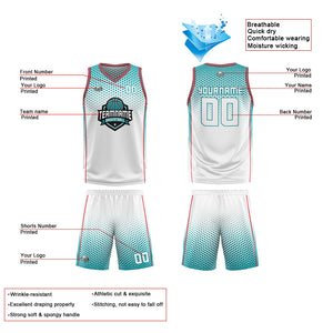 Traje de baloncesto reversible blanco-cian y rojo personalizado para adultos y niños