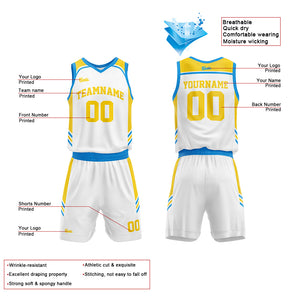 Uniforme de baloncesto personalizado blanco-azul y amarillo con tu logotipo-nombre y número impresos