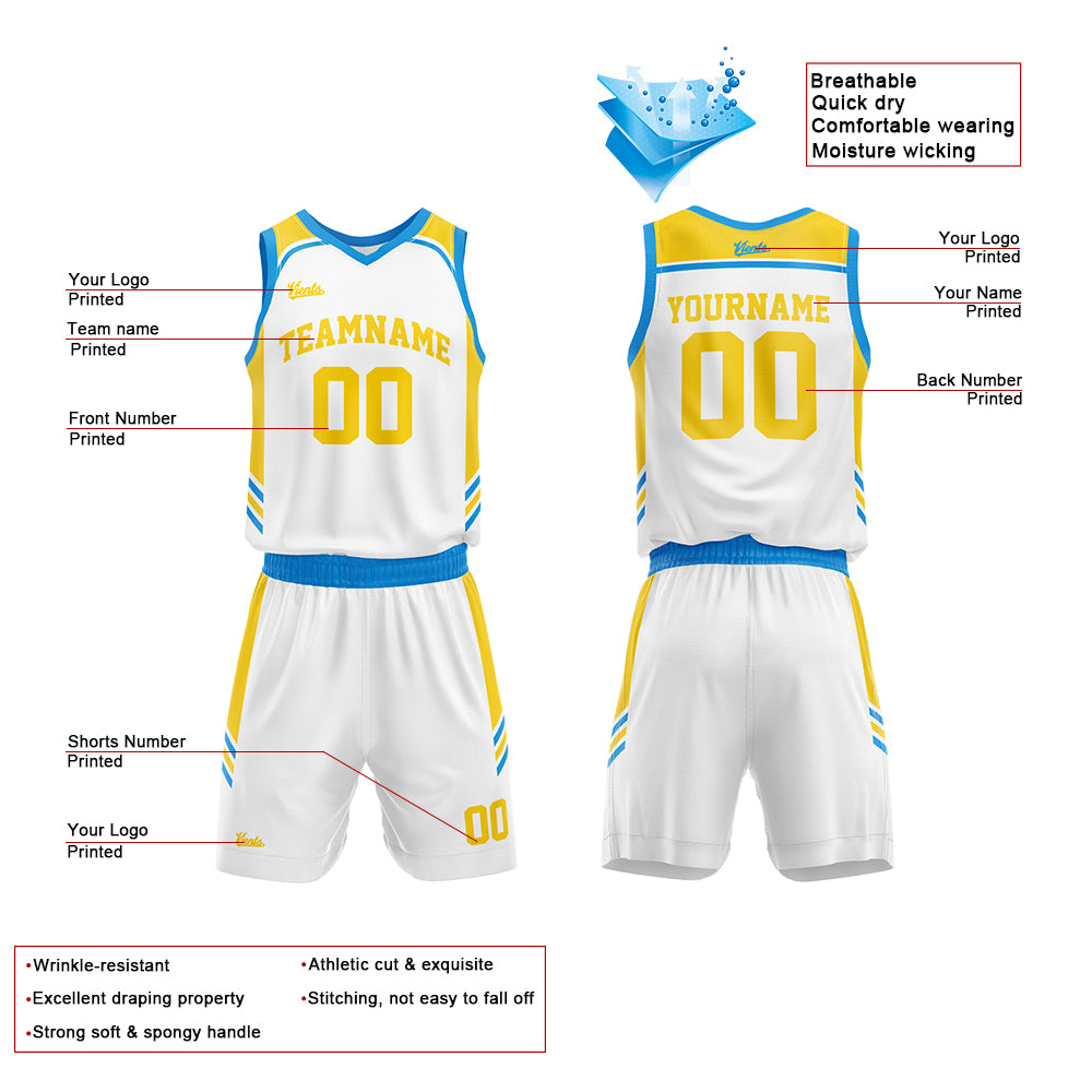 Uniforme de baloncesto personalizado blanco-azul y amarillo con tu logotipo-nombre y número impresos