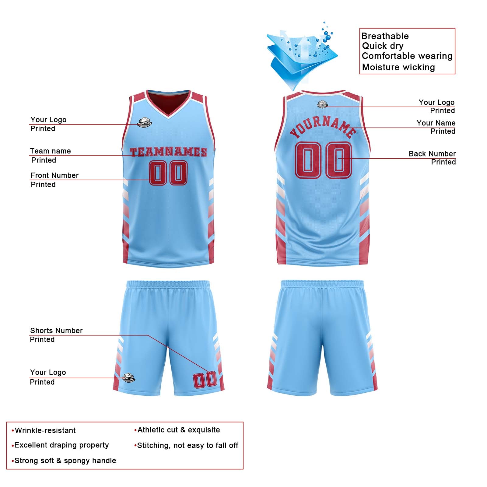 Traje de baloncesto reversible azul claro y blanco personalizado para adultos y niños