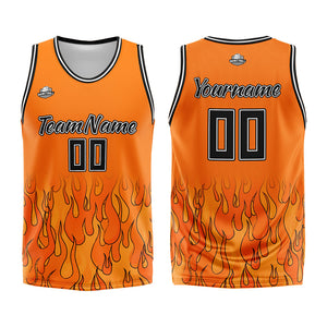 Uniforme de baloncesto personalizado con diseño de llama naranja-impreso con tu logotipo-nombre y número