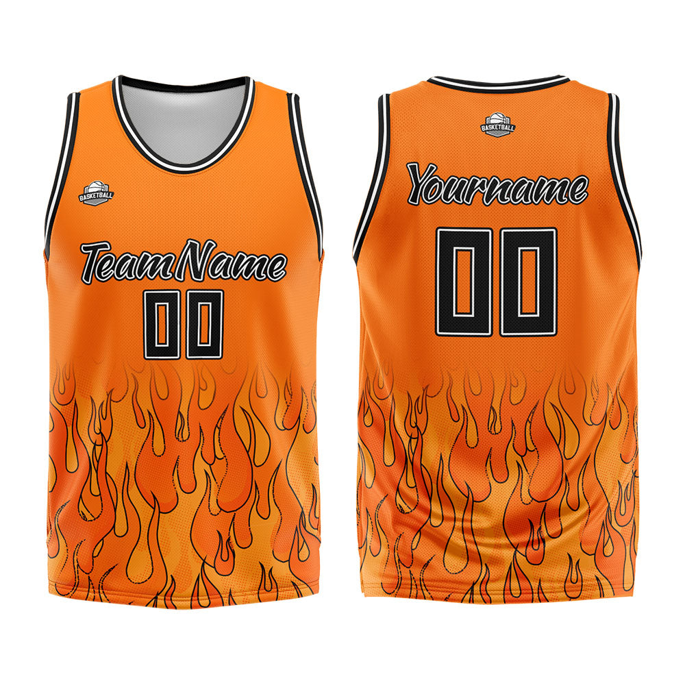 Uniforme de baloncesto personalizado con diseño de llama naranja-impreso con tu logotipo-nombre y número