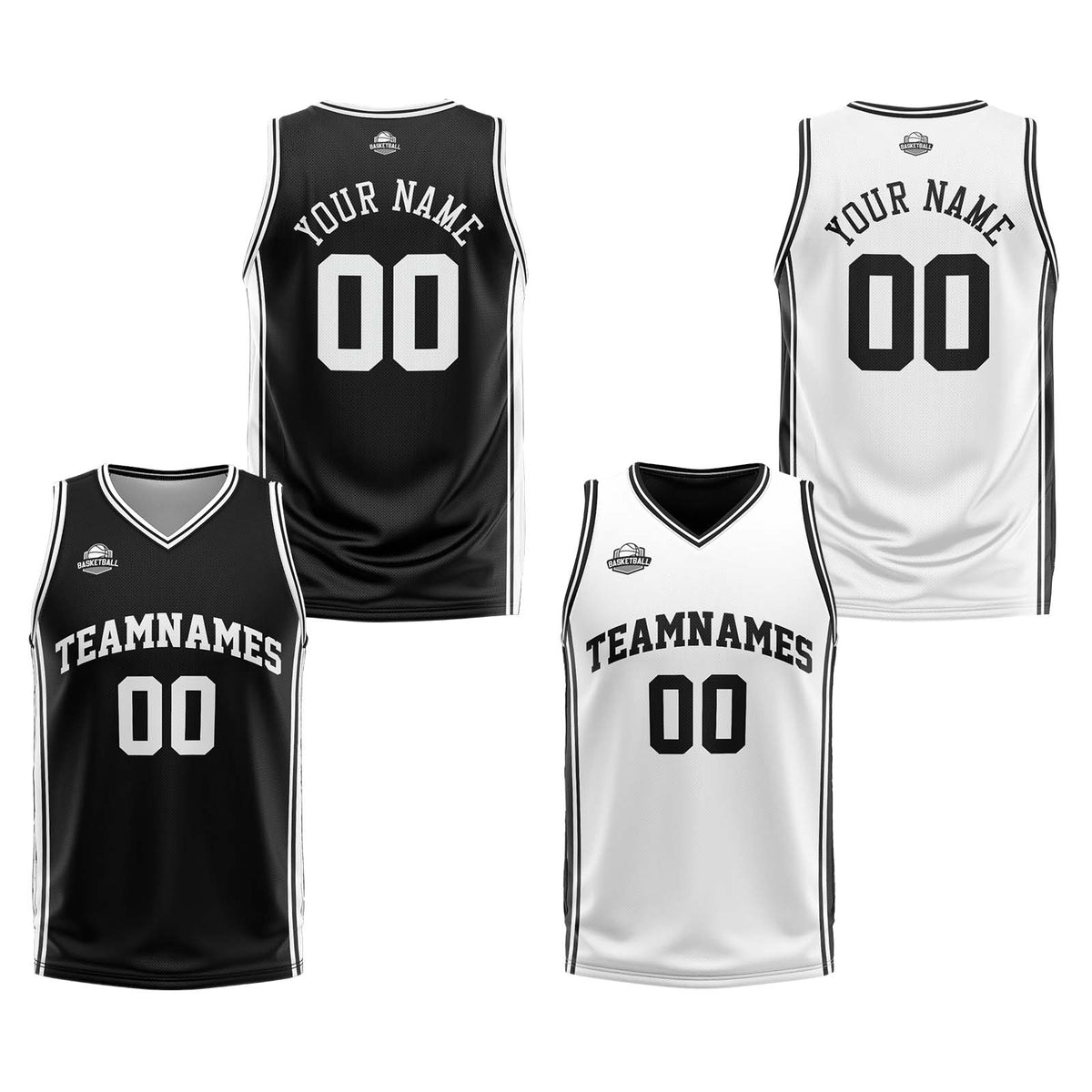 Traje de baloncesto reversible blanco y negro personalizado para adultos y niños
