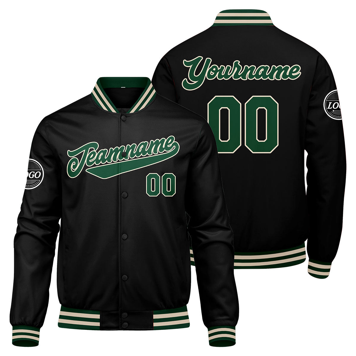 Chaqueta universitaria personalizada estilo Letterman para hombres-mujeres y jóvenes-color verde oscuro-negro y crema