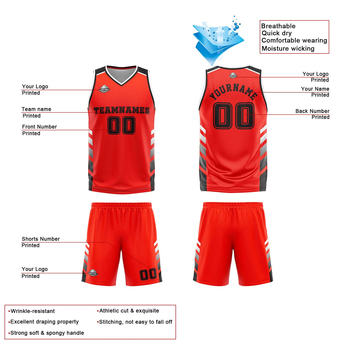 Traje de baloncesto reversible personalizado rojo-blanco y negro para adultos y niños
