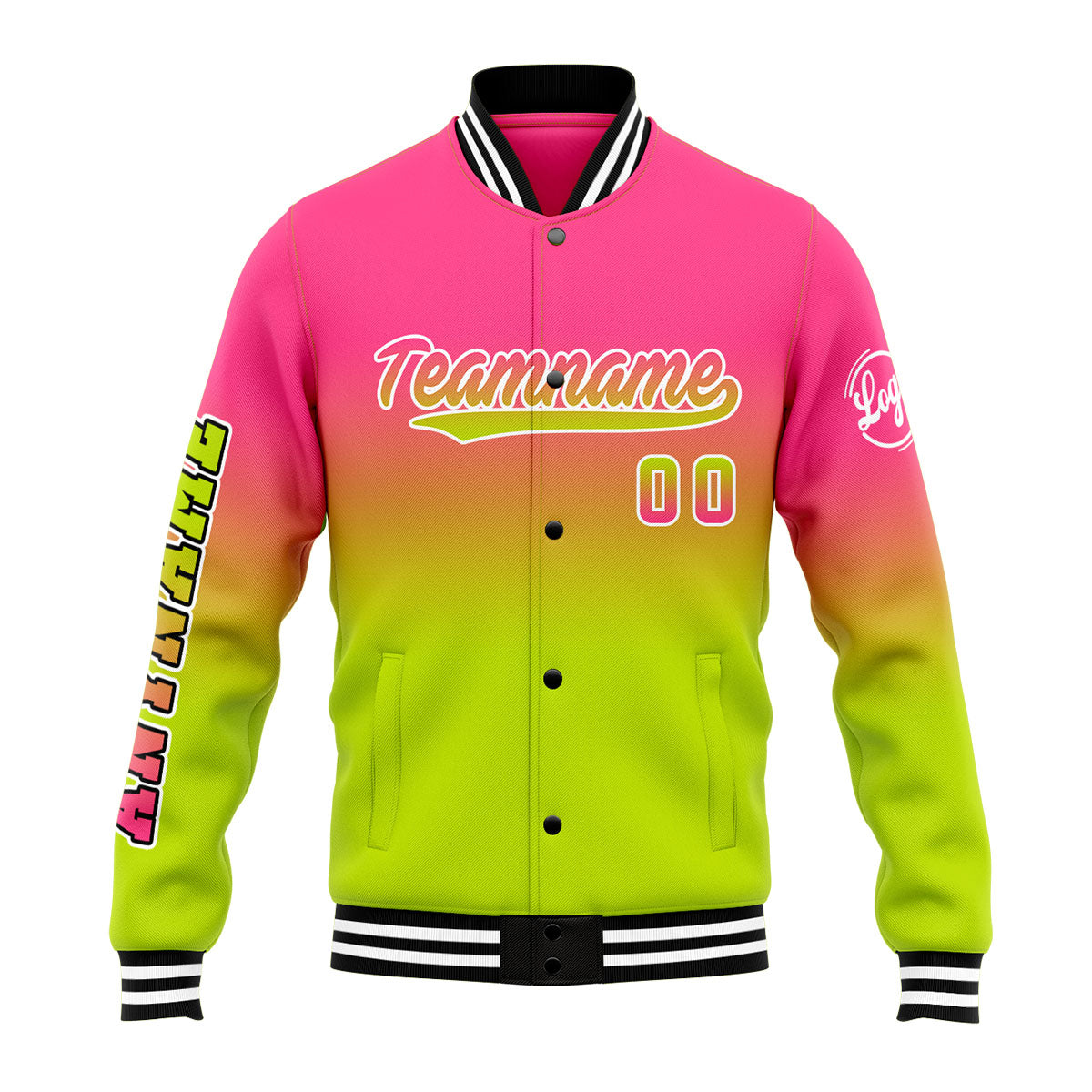 Chaqueta universitaria personalizada estilo Letterman para hombres-mujeres y jóvenes-color rosa y verde chartreuse