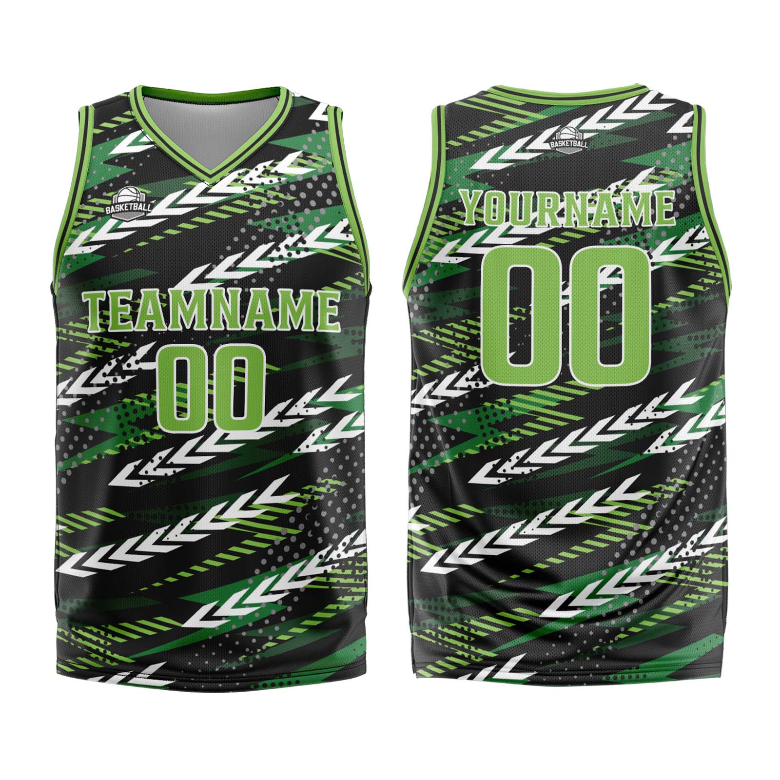 Uniforme de baloncesto personalizado en negro y verde con tu logotipo-nombre y número impresos