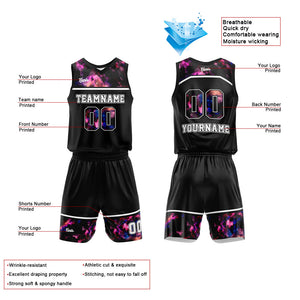 Uniforme de baloncesto personalizado con estampado de cielo estrellado negro y tu logotipo-nombre y número impresos