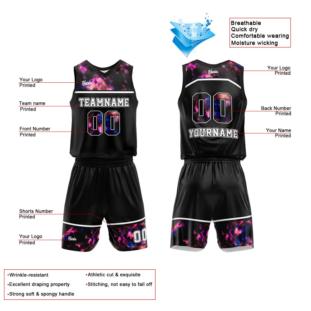 Uniforme de baloncesto personalizado con estampado de cielo estrellado negro y tu logotipo-nombre y número impresos