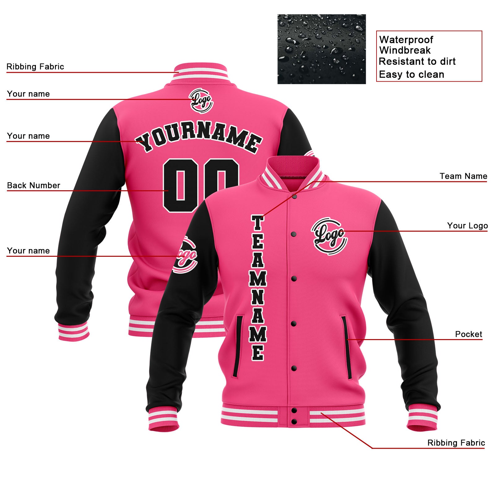 Chaquetas universitarias impermeables personalizadas en negro-rosa y blanco con nombre-número y logotipo bordados