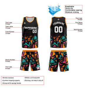 Uniforme de baloncesto personalizado en negro-naranja y verde con tu logotipo-nombre y número impresos