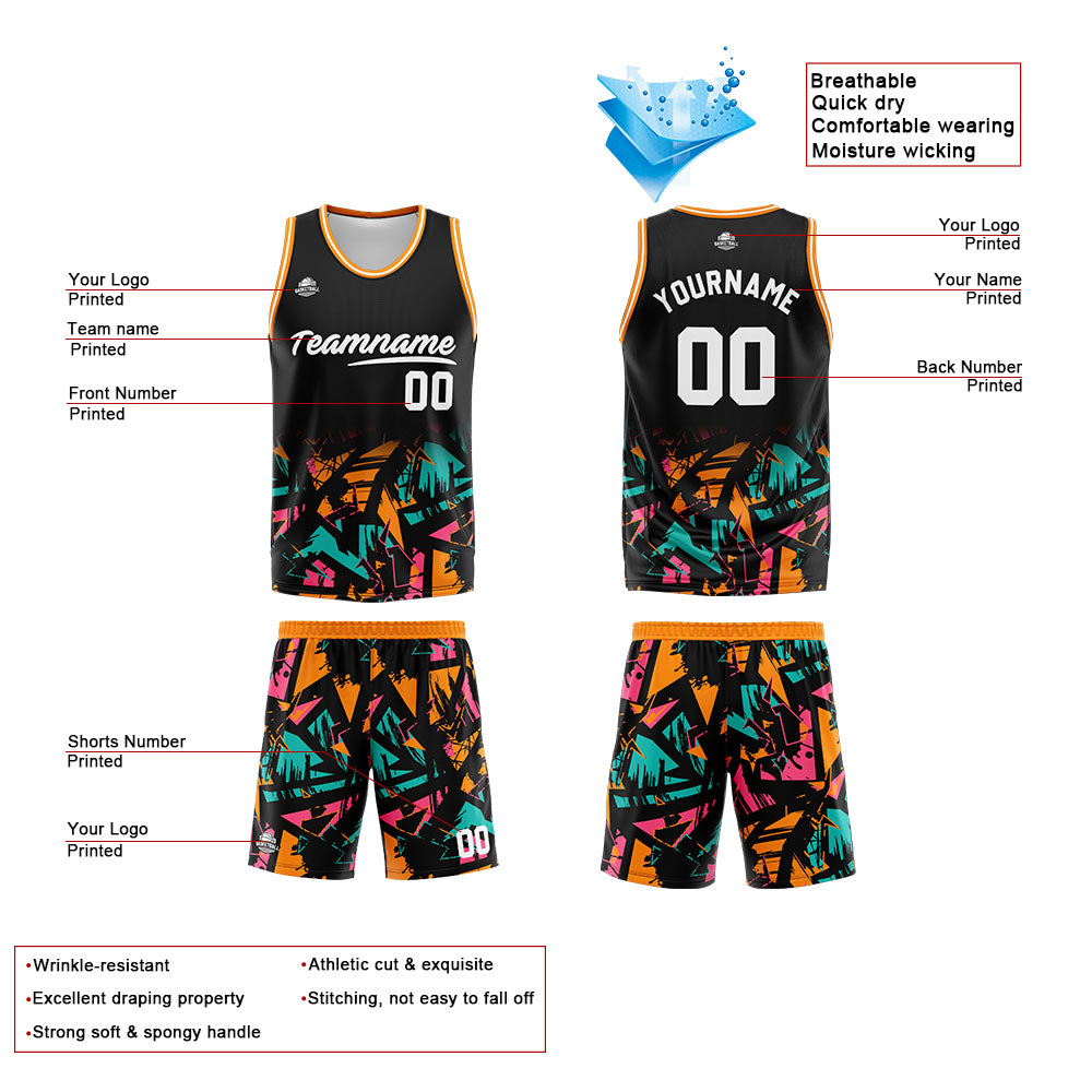 Uniforme de baloncesto personalizado en negro-naranja y verde con tu logotipo-nombre y número impresos