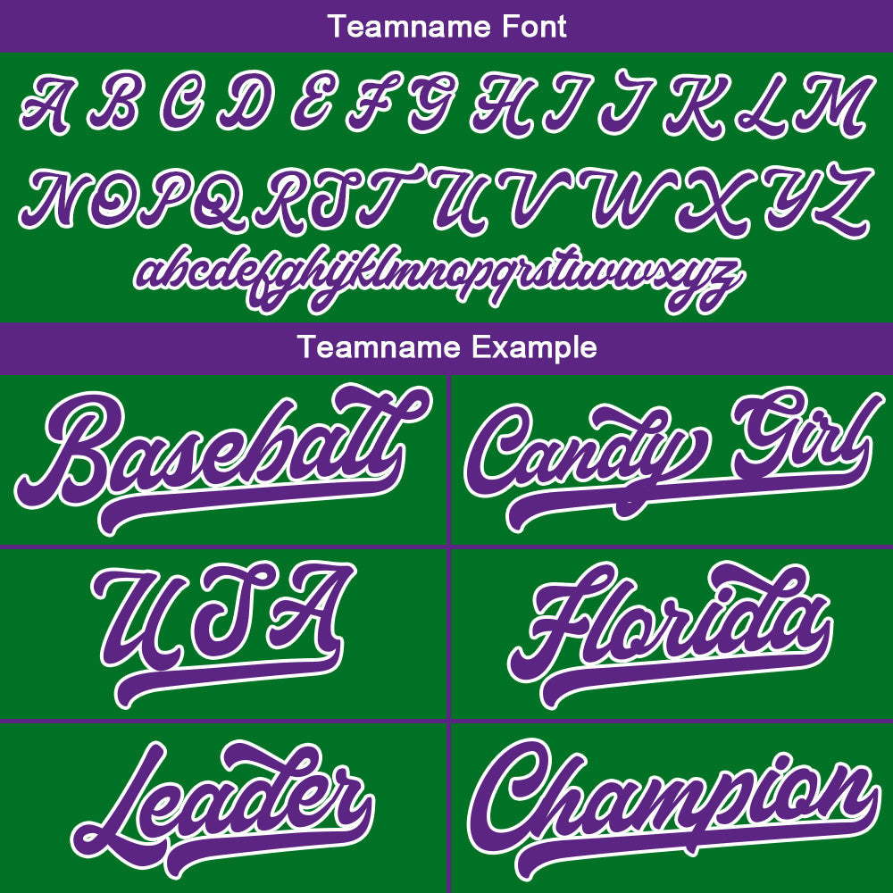 Camiseta de béisbol personalizada con diseño bordado & estilo hip hop & color verde Kelly y morado